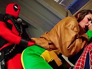 Provocative slender young woman shows off body to Spider-Man and Deadpool who penetrate her together 8