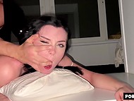 Amateur brunette with round tits roughly facefucked and stretched in darkened bedroom 6