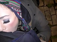 Slim hooker in fishnet stockings facialized after quickie with client in quiet public spot 4