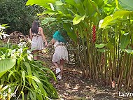 Naughty besties wear no panties under sexy skirts and happily flash pussies during walk 10