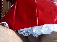 Seductive chick in a spicy red costume gets scored by her buddy at his working place 6