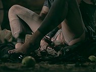 Dirty whore with hairy pussy masturbates with her fingers in an old abandoned house 10