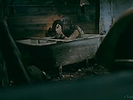 Dirty whore with hairy pussy masturbates with her fingers in an old abandoned house 4