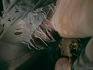 Dirty whore with hairy pussy masturbates with her fingers in an old abandoned house 9