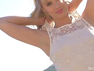 Sweet blonde girl in sexy dress pleases herself in mountains after showing her body off 4