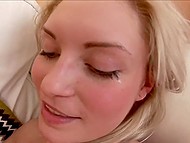 Hot blondie fucks her boyfriend on a tiny couch and then gets face full of cum 7