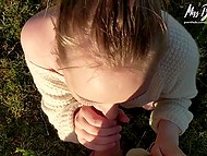 Adorable Swedish lassie rewarded with mouth full of cum after sucking BF's dick outdoors 10