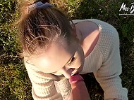 Adorable Swedish lassie rewarded with mouth full of cum after sucking BF's dick outdoors 9