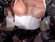 German blonde in latex anally rides partner's thick cock and in the end receives massive facial 8