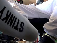 Man in a white cap has a boner and decides to beat it with a new sex toy 5