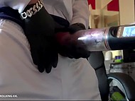 Man in a white cap has a boner and decides to beat it with a new sex toy 8