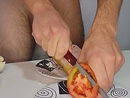 Bread, ham, mayonnaise, tomato, and penis are the ingredients the guy needs to make a sandwich 10