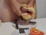 Bread, ham, mayonnaise, tomato, and penis are the ingredients the guy needs to make a sandwich
