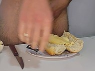 Bread, ham, mayonnaise, tomato, and penis are the ingredients the guy needs to make a sandwich 8