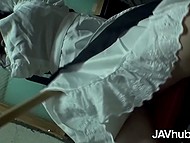 Pretty oriental woman Yui Satonaka gives blowjob and hairy vagina to a crowd of men 4