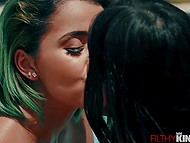 Hot chicks relax by pool and look at each other's breasts which encourages them to fuck 4