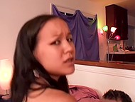 After a blowjob fragile girl with long black hair takes off high heels and gives her pussy to the man 11