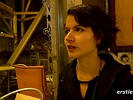 Skinny with big nose gives interview in bar and masturbates in a red chair in front of the camera 8