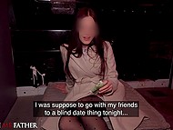 Teen with small tits can see guy's boner and decides to help him in the confessional van 5