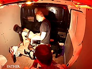 Teen with small tits can see guy's boner and decides to help him in the confessional van 7