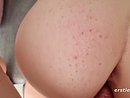 Curly young woman meets her bespectacled girlfriend not with bread and salt but a strapon in the vagina 6