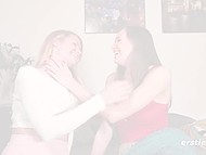 Dark-haired lesbian in red panties meets her beautiful friend and ladies play with dildo together 10