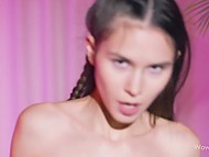 Cute college girl with pretty face takes off her panties and poses showing shaved pussy and small tits 11