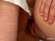 Talented Asian whore has fun with two lovers who fuck her sweet pussy and lick it in the bedroom 5