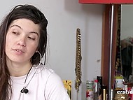 Young brunette in panties gets horny touching hairy pussy and begins a hot amateur masturbation 8