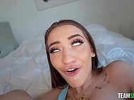 Slim whore in cut-off shorts gives sloppy blowjob and moans during hardcore sex 7