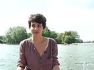 Short-haired amateur cutie sticks fingers into her natural bush and gets off by the lake 9