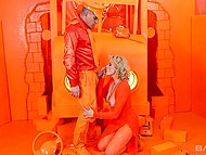Blonde MILF in orange outfit passionately kisses her lover and puts his dick in the trimmed pussy 4