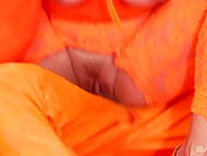 Blonde MILF in orange outfit passionately kisses her lover and puts his dick in the trimmed pussy 6