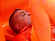 Blonde MILF in orange outfit passionately kisses her lover and puts his dick in the trimmed pussy 7
