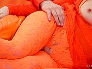 Blonde MILF in orange outfit passionately kisses her lover and puts his dick in the trimmed pussy 8