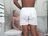 Black male catches busty MILF masturbating in the shower and fucks her hard till creampie 4