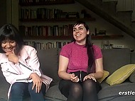 Two lesbian girlfriends kiss each other lips and touch big boobs and then enjoy speaking about it 10