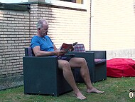Frolic young redhead gives head to the elderly neighbor and fucks him in the backyard 4