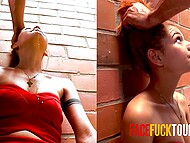 Fragile Latina with red hair sits by the wall and gets facefucked with throbbing meatpole 6