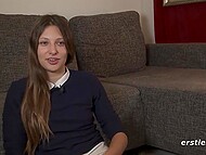 During interview slim brunette finds time to check herself naked in front of the mirror 5