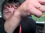 Totally perverted busty MILF blows the man in the car and takes his pecker into the ass in public 7