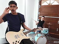 Slutty MILF has fun with hard cocks belonging to the members of stepson's pop punk band 6