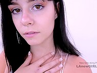 At audition, lovely newbie toys bald pussy and squirts before getting penetrated with fuck machine 5