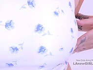 At audition, lovely newbie toys bald pussy and squirts before getting penetrated with fuck machine 7