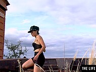 Sexy brunette Solange sneaks into the abandoned train where she toys her unshaved cunny 4
