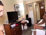 Skinny Ebony girl oils up busty bestie before they team up to suck one black meatpole 5