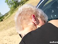 Cheap street whore sucks the client's cock and gets her twat fucked by him in the open air  4