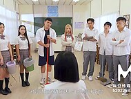 Slutty Japanese schoolgirl with perky tits hikes up her miniskirt to take classmate's dick at school  4