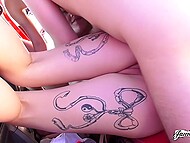 Three shameless bitches pose naked on the shore and have hot orgy with a guy in the car  11