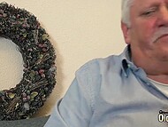 Old man celebrates Christmas by fucking young brunette GF Sasha Sparrow on the couch 4